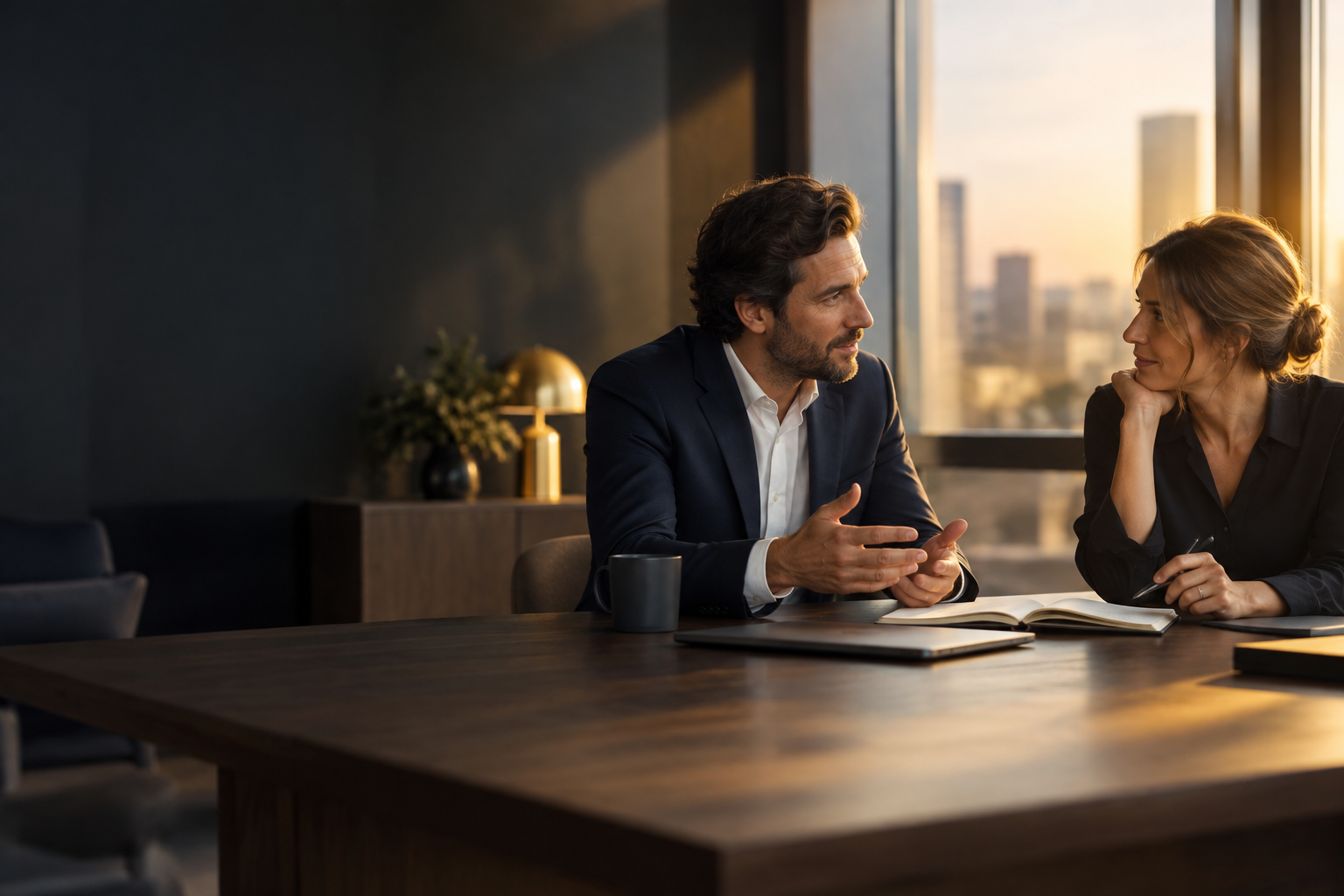 Two professionals preparing for a constructive conversation in a warmly lit office